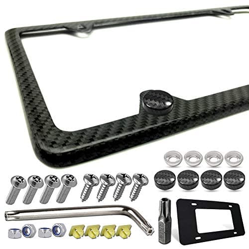 ZXFOOG Carbon Fiber License Plate Frame 1 Pack100 Handcrafted Real Carbon Fiber Cloth Wrapped Holder Slim Black Stainless Steel Car Tag Cover with Screws Caps Rattle Proof Pad 4 Hole