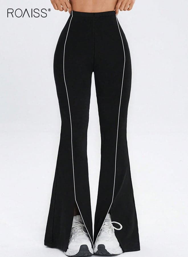 Women's High-Waisted Flared Yoga Pants Stretch Workout Leggings with Stripes Small Slit, All-Season Athletic Trousers for Fitness, Yoga and Casual Attire, Breathable and Durable