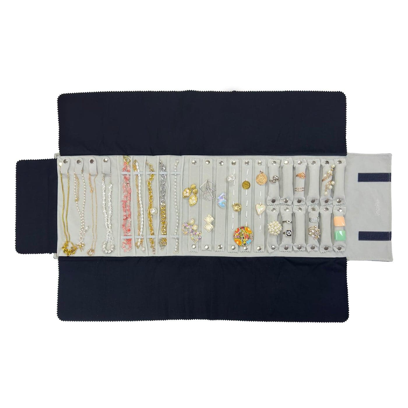 UnionPlus Velvet Travel Jewelry Case Roll Bag for Necklaces Brackets Earrings Rings Black