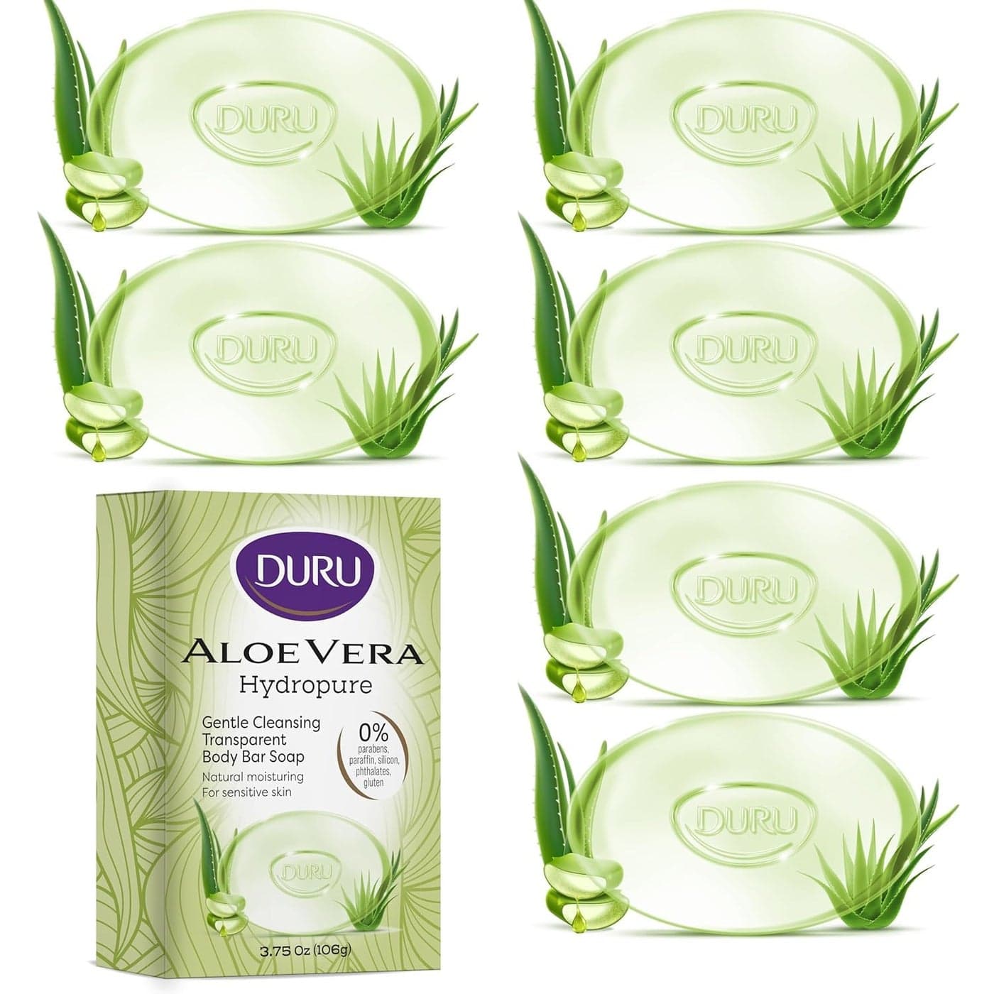 Duru Aloe Vera Glycerin Bar Soap Cleansing Bar Moisturizing Sensitive Skin - Vegan Transparent Paraben Free Alcohol Free Silicone Free Phthalete Free Gluten Free Body Wash - Pack of 6