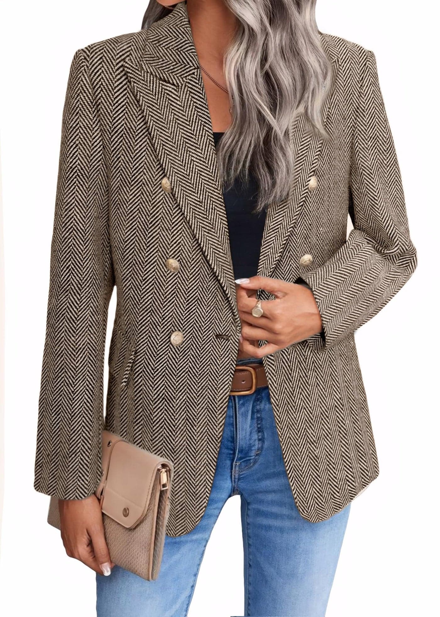 Herringbone Blazer Jacket for Women Plaid Houndstooth Black and White Business Casual Womens Blazers Work Professional Clothes Outfits Sacos De Mujer para Vestir Fashion Trendy Jackets Suit Suits