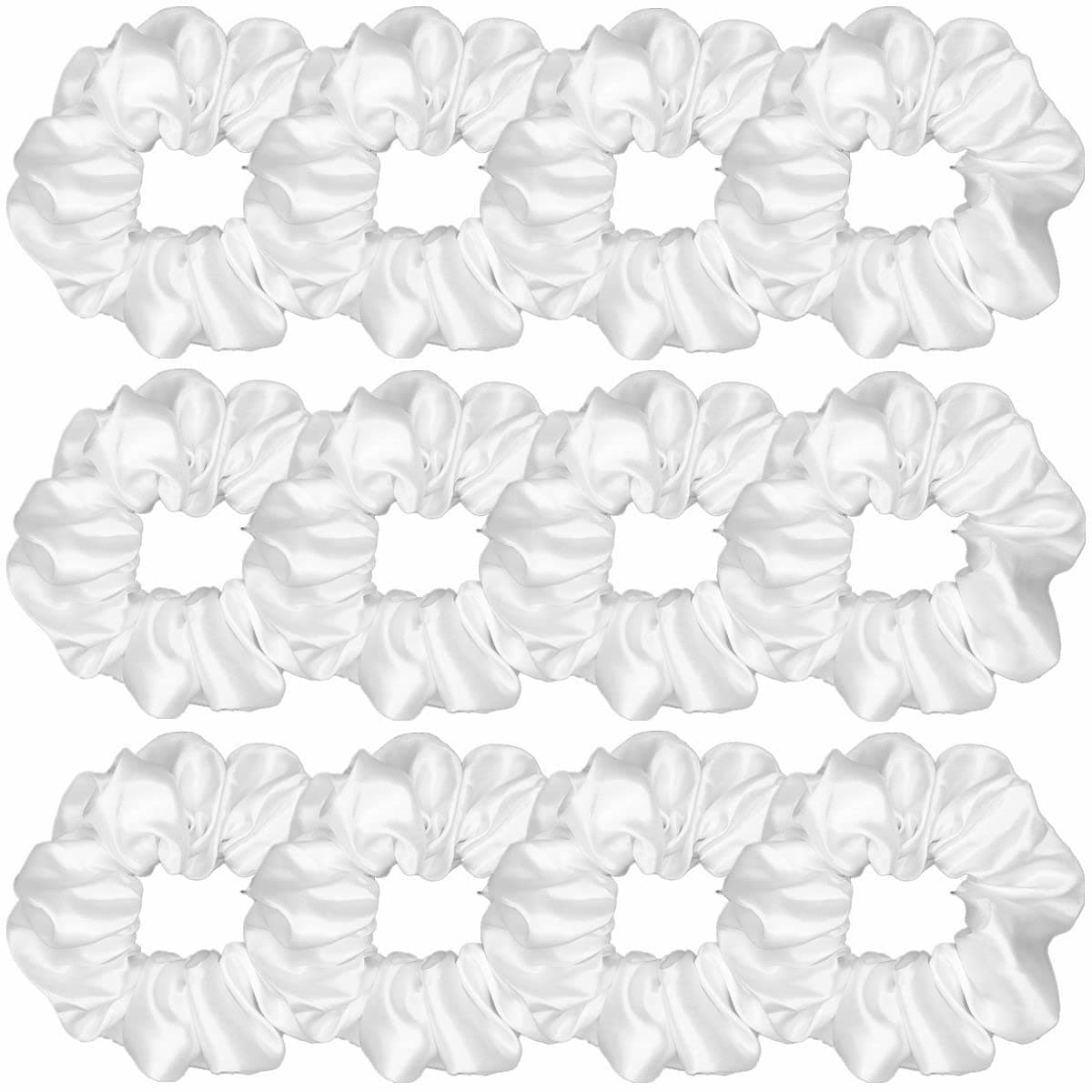 12 Pcs Satin Silk Scrunchies Soft Ties Fashion Bands Hair Bow Ropes Elastic Bracelet Ponytail Holders Accessories for Women and Girls 45 Inch Pure White