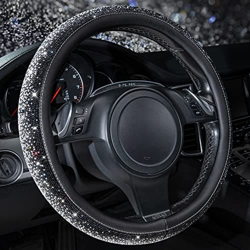 CAR PASS Bling Diamond Leather Steering Wheel Cover Bling Sparkly Crystal Glitter Rhinestones Universal Fit 14 1215 Car Wheel Protector for Women Girl Fit SuvsVansSedansTrucks Black Silver