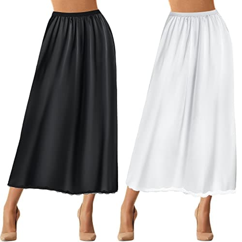 Jiuguva 2 Pieces Half Slip Lace Long Underskirt Women's Satin Half Slip for Under Dresses(Small,Black, White)