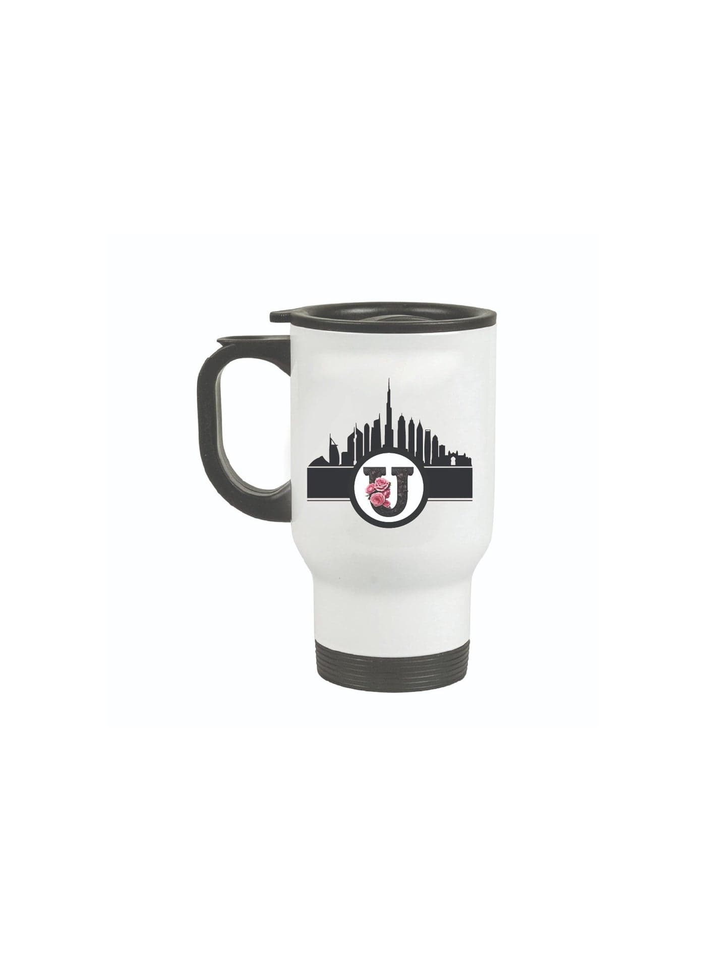 Initial Monogram Travel Mug with Dubai Skyline Design - Travel-Friendly - Monogram Gift - Perfect for Coffee and Tea - Dubai Skyline Travel Mug
