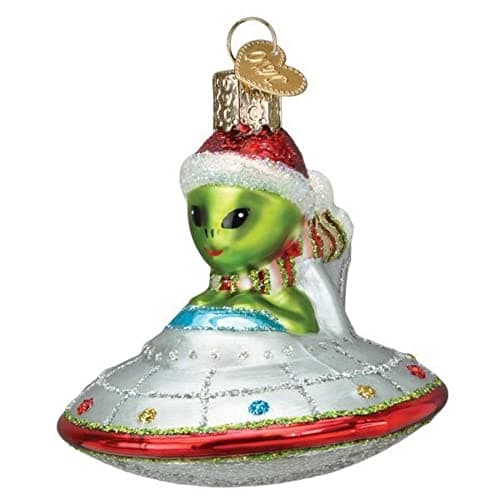 Old World Christmas UFO with Alien in Santa Hat Glass Blown Ornament for Christmas Tree, Handcrafted Holiday Decoration, Outer Space Collection