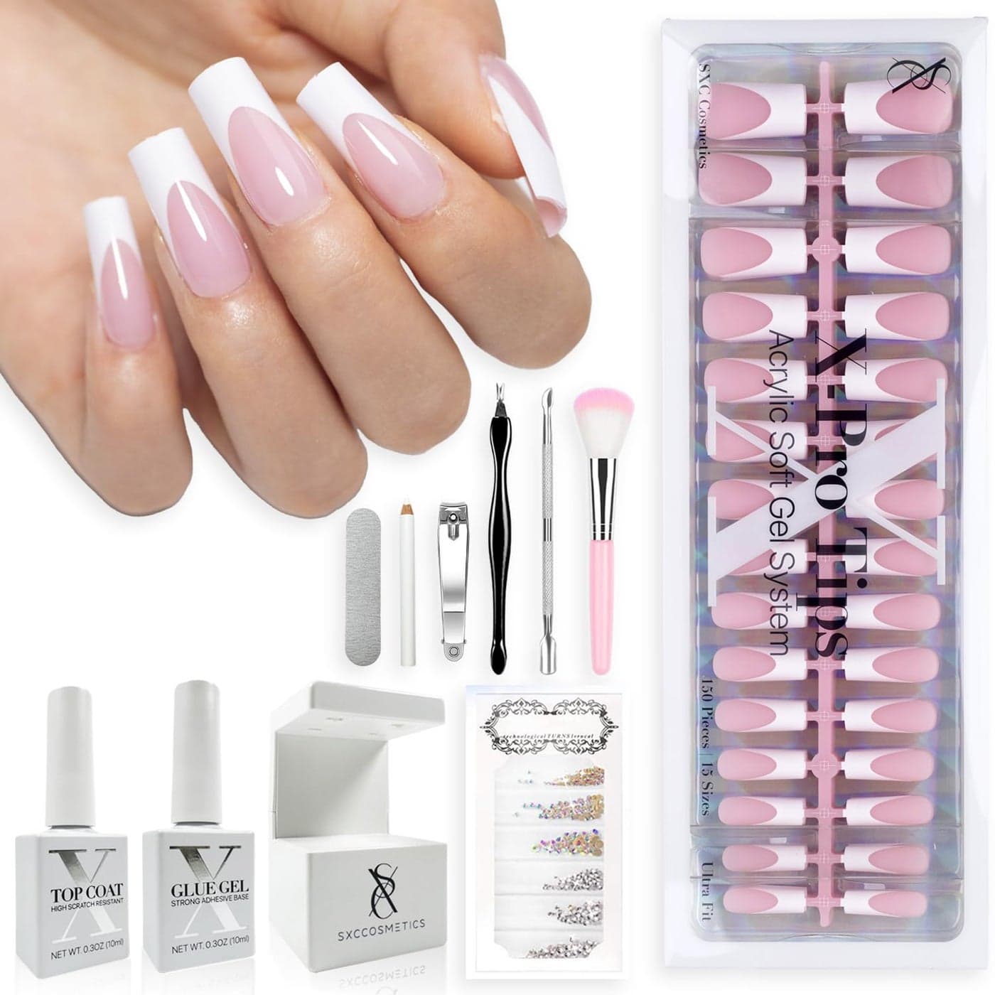 SXC Cosmetics French Tip Press On Nails Pink Series Medium Square XPro Tips Starter Kit