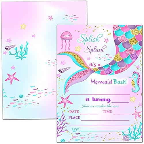 Nopoben Mermaid Birthday Party Invitation Cards, Ocean Theme Splish Splash Mermaid Bash Party Celebration, Party Supplies, Favors, 20 Cards With 20 Envelopes – (meiRY01)