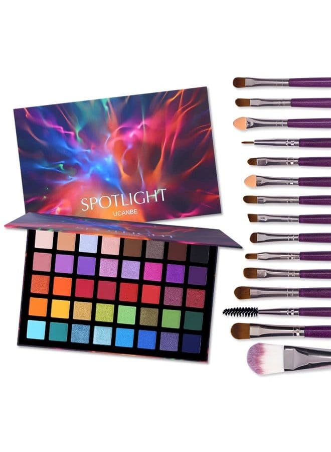 Spotlight Eyeshadow Palette + 15 PCS Eye Brushes Makeup Set, Professional 40 Color Matte Shimmer Glitter Eye Shadow Pallet Highly Pigmented Waterproof Long Lasting Make up Pallete