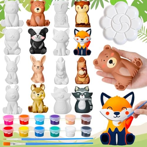 Reallnaive 8 Pack Woodland Animal Ceramics to Paint Ready to Your Own Gnome Statues 3.94" Jungle Theme Paintable Figurines DIY Unpainted Safari Animal Plaster Crafts Kit with Brush Palette Paint