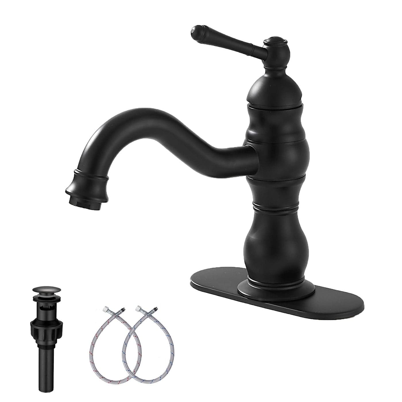 Matte Black Bathroom Faucet GGStudy 360 Swivel Bathroom Vanity Faucet Single Handle One Hole Black Bathroom Sink Faucet Basin Matching Pop Up Drain with Overflow
