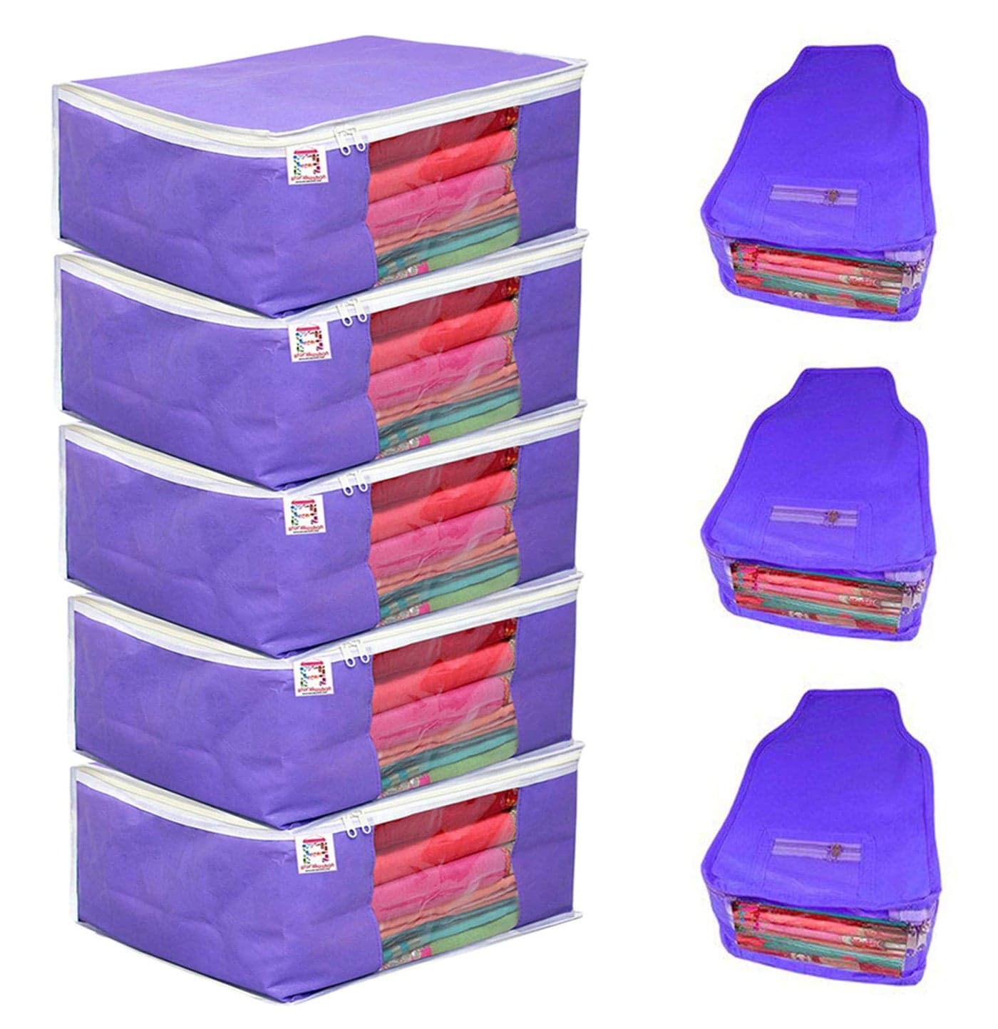 atorakushon® Fabric 5 Saree Cover And 3 Blouse Clothes Storage Bag Wardrobe Garments Organiser (Blue)