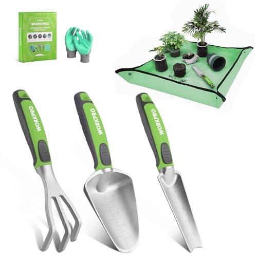 WORKPRO 5PCS Aluminum Garden Tool Set, Powder Coating Compact Gardening Tool Set with Repotting Mat, Outdoor Garden Hand Tools, Ideal Gardening Gift, Green