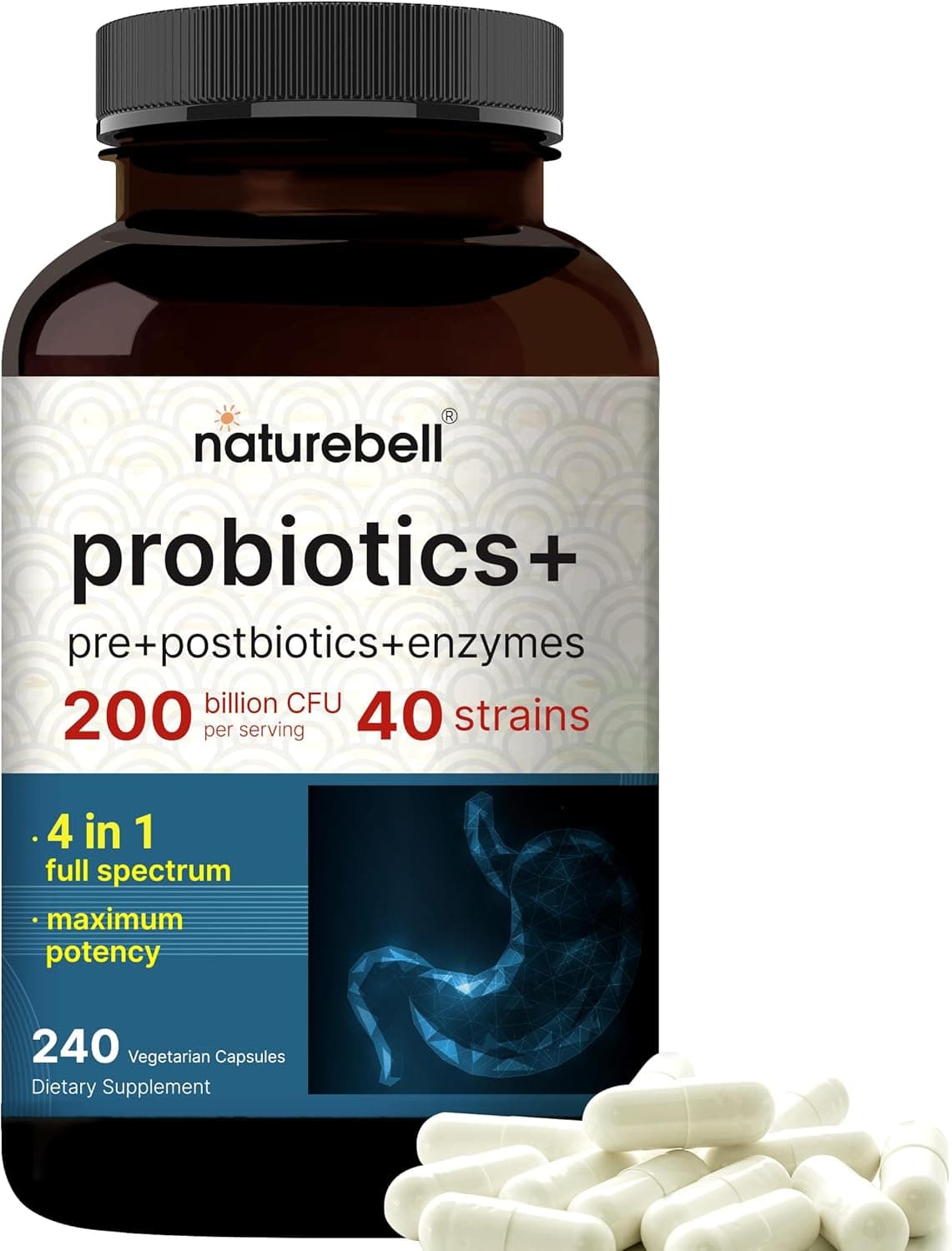Probiotic 200 Billion CFU 40 Strains Per Serving 240 Veggie Capsules with Prebiotics and Probiotics for Digestive Health Gut Health Bloating Support Daily Probiotics for Women Men