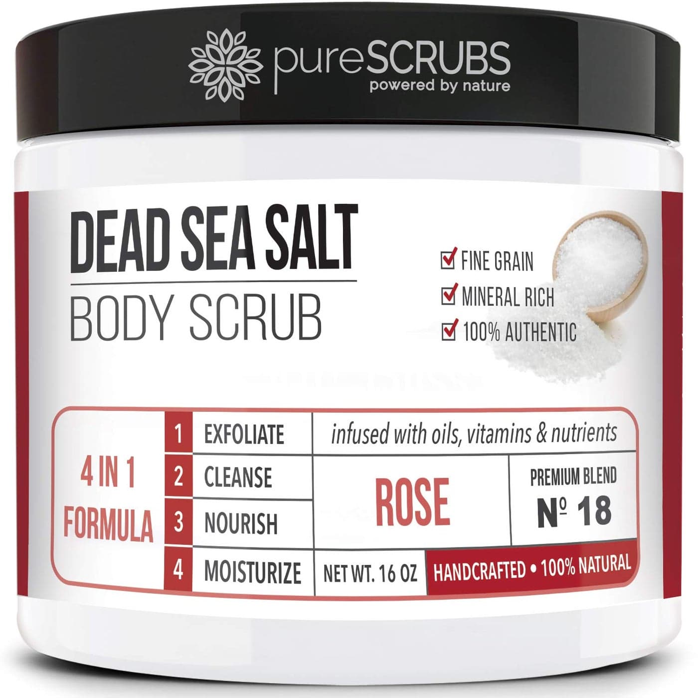 pureSCRUBS Premium Rose Body Scrub Set Large 16oz Dead Sea Salt Body Scrub With Infused Essential Oils Nutrients Includes Wooden Spoon Loofah Oatmeal Exfoliating Bar Soap