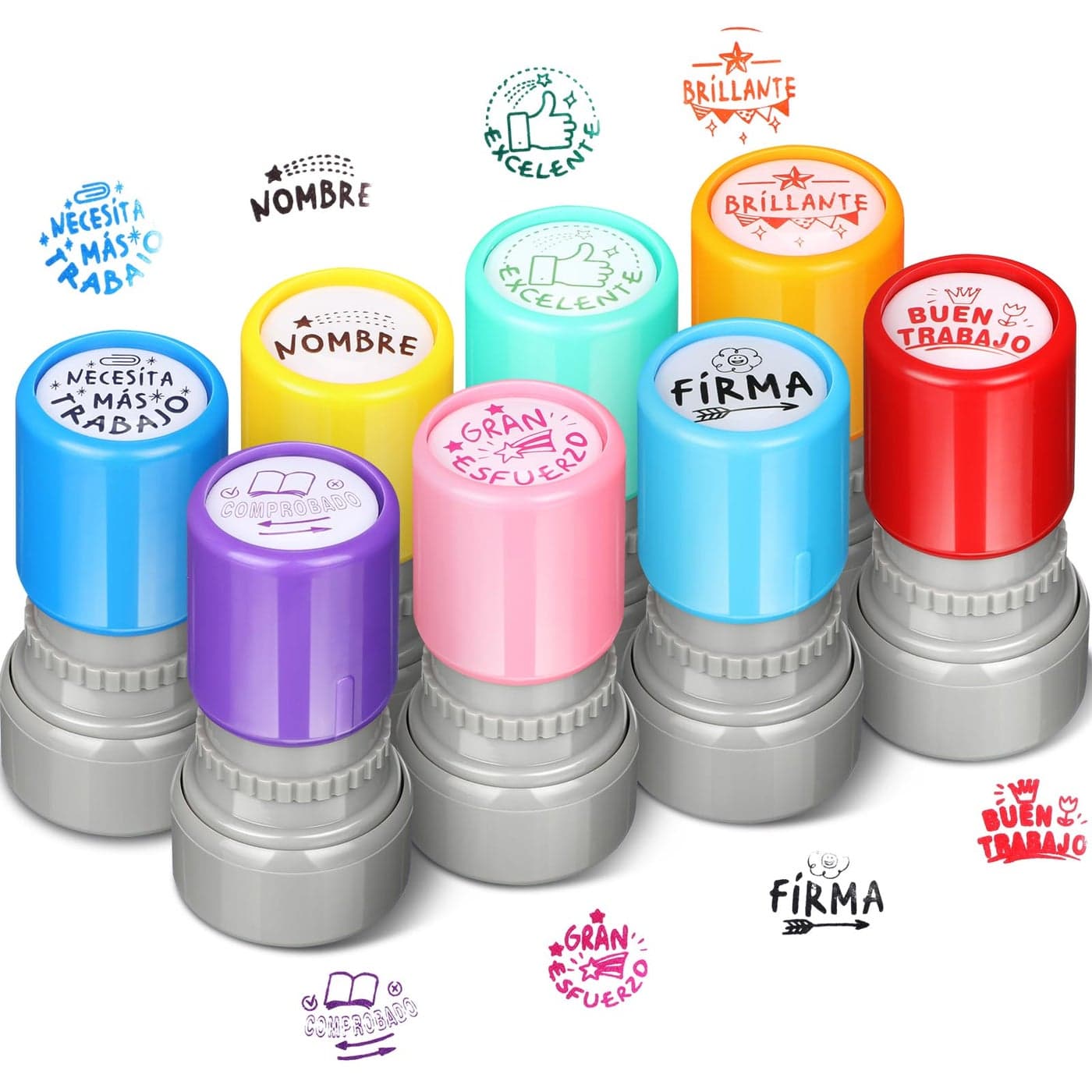 Chivertion 8 Pcs Spanish Teacher Stamps for Classroom Round Self Inking Spanish Grading Stamps Gifts Motivation Teacher Stamp for School Signature Homework Reward Supplies