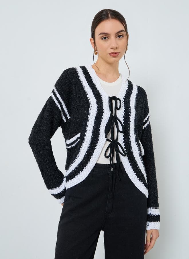 Take Two Black Crochet Knit Tie-Up Cardigan