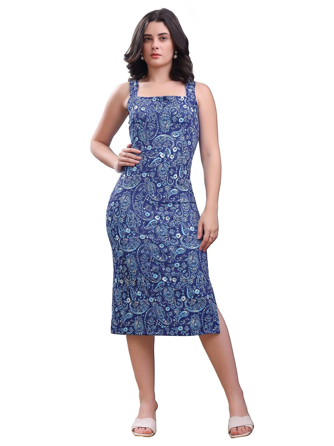 PURVAJA Women’s Bodycon Knee Length Dress (Wini-192-Blue_Large)
