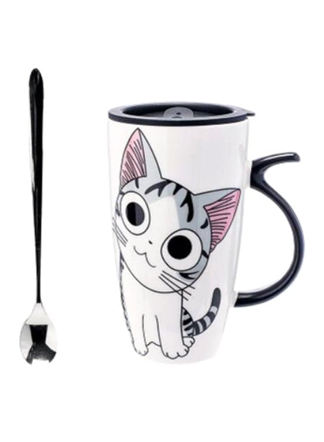 Cat Printed Ceramic Mug With Lid And Spoon White/Grey/Pink