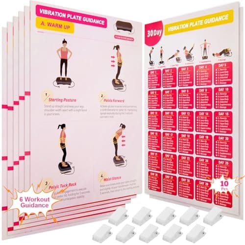 Vibration Plate Exercise Machine Poster - Upgraded 6 Workout Guidance & 10 Pcs Planner & 10 Pcs Double-Sided Clips, Comprehensive Whole Body Wave Vibrating Workout Chart, Pink