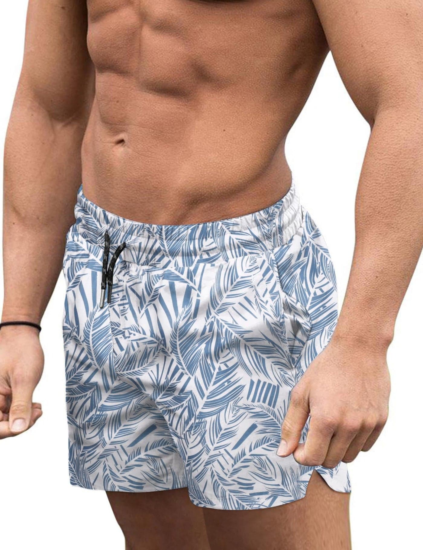 COOFANDY Men's Beachwear Summer Holiday Swim Trunks Quick Dry Swimsuit Beach Shorts Deep Blue Plam Leaf M