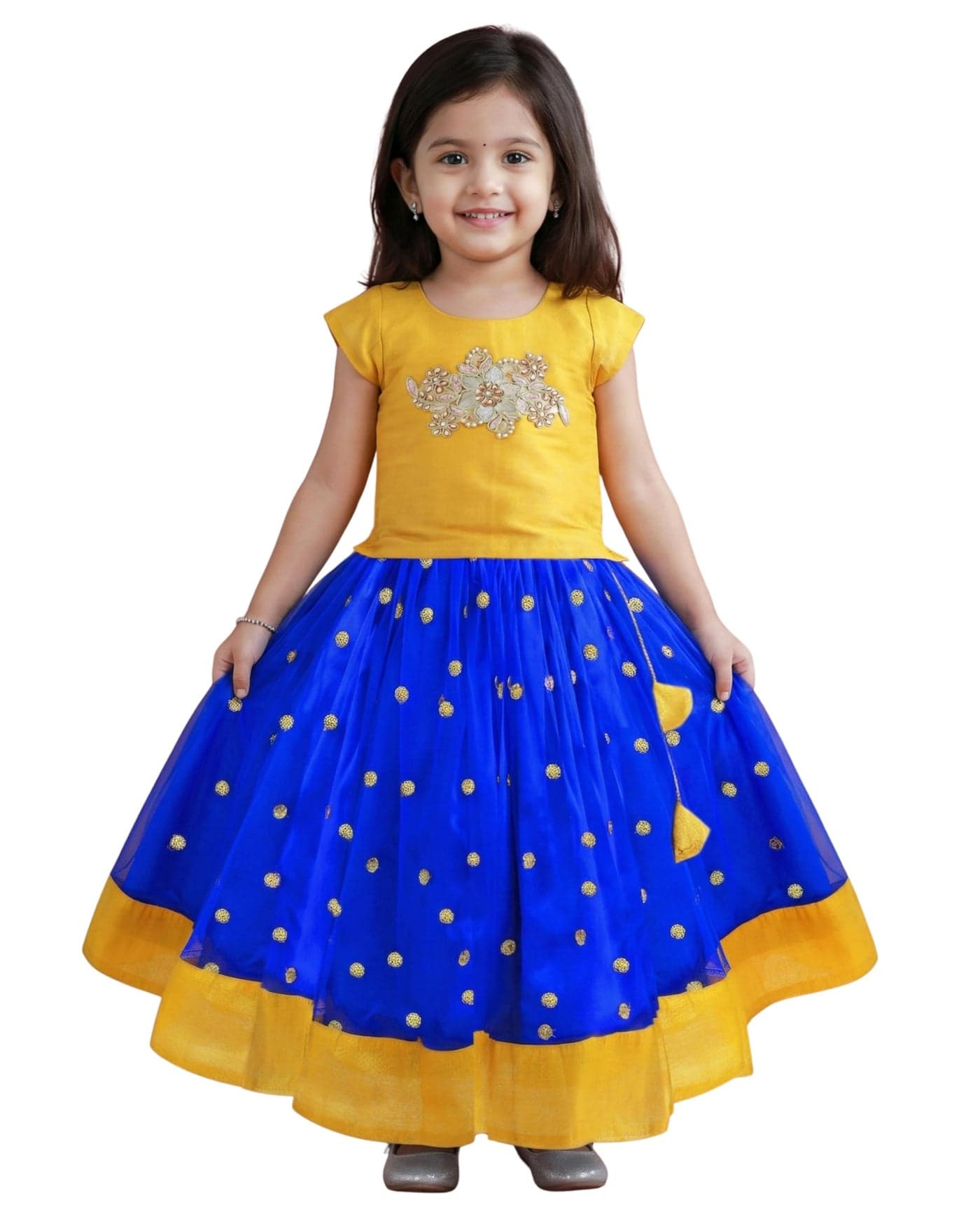 Stanwells Kids Girls Lehenga Choli Ruffle Pattern Dress Half Sleeves Readymade Hand Sequins Embroidery Ethnic Traditional Full Length South Indian Girl Lehnga Choli(Royalblue)(7-8 Years)