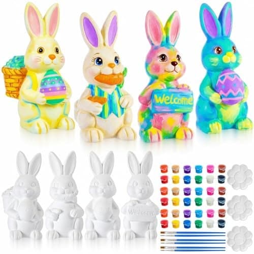 Zubebe 4 Pcs Easter Ceramics to Paint Bunny Kits Ready to Paint Your Own Easter Bunny Figurines 5.1 Inch 3D Unpainted Blank Ceramics with Brush and Palette Rabbit Statues for Craft (Cute Style)
