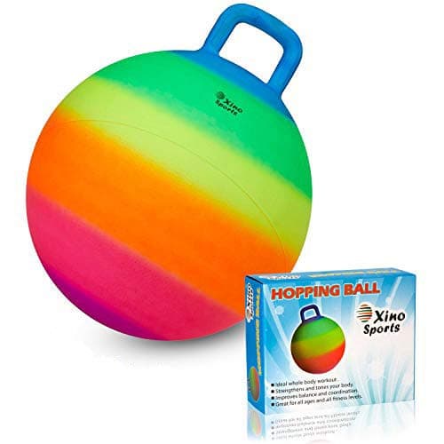 Xino Sports Hopping Ball for Kids, Bouncy Ball for Kids, Amazing Space Hopper Ball, Jumping Ball with Handle, 18 Inch Diameter, Kids Outdoor Toys (Rainbow)