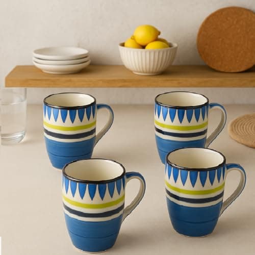 KITTENS Handpainted Ceramic Coffee Mug Set of 4 – Artistic Blue Mosaic Design, 300ml – Microwave & Dishwasher Safe, BPA-Free, Scratch Resistant – Ideal for Coffee, Tea, Hot Beverages & Gifting