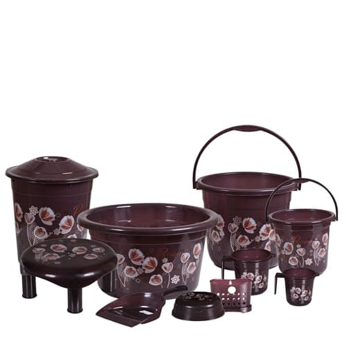 VeleSolv Heavy Duty Virgin Plastic Large Capacity 20 L Bucket, 7 L Bucket, Patla, 22 L Deep Tub, Dustbin, 1.5 L Mug, 1 L Mug, Soap Case, Dustpan, Tooth Brush Stand Bathroom Set (Q.Chocolate) - 10 PC