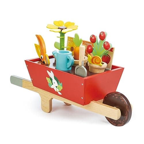 Tender Leaf Toys Garden Wheelbarrow Set Deluxe Wooden Gardening Toy with Tools Accessories Supports Learning Creativity Outdoor Role Play Age 3