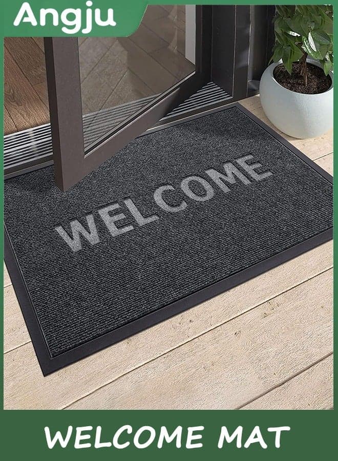 Welcome Mat Front Door Mats Outdoor, 45X75cm Door Mat Outdoor Entrance, Heavy Duty Non Slip Waterproof Rubber Outside Door Mats, Welcome Mats Outdoor All Weather for Entryway, Patio, BlackGrey