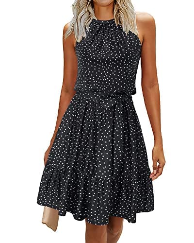 Newshows Womens Summer Dress Work Church Casual Beach Vacation Teacher Outfits Hawaiian Italian Floral Flowy Polka Dot Linen Dresses Ruffle Belted Pockets Sundress(Polka Dot-Black, M)