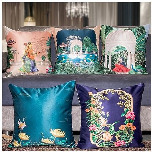 Vendola Decorative Satin Sofa Cushion Covers Set of 5, 16 inch x 16 inch, Sofa Pillow Cover, Ethnic Festive, Multicolor, Swan, Rajasthani Design Zipper Closure (Sahliyo Ki Bari, 16X16 Inches)