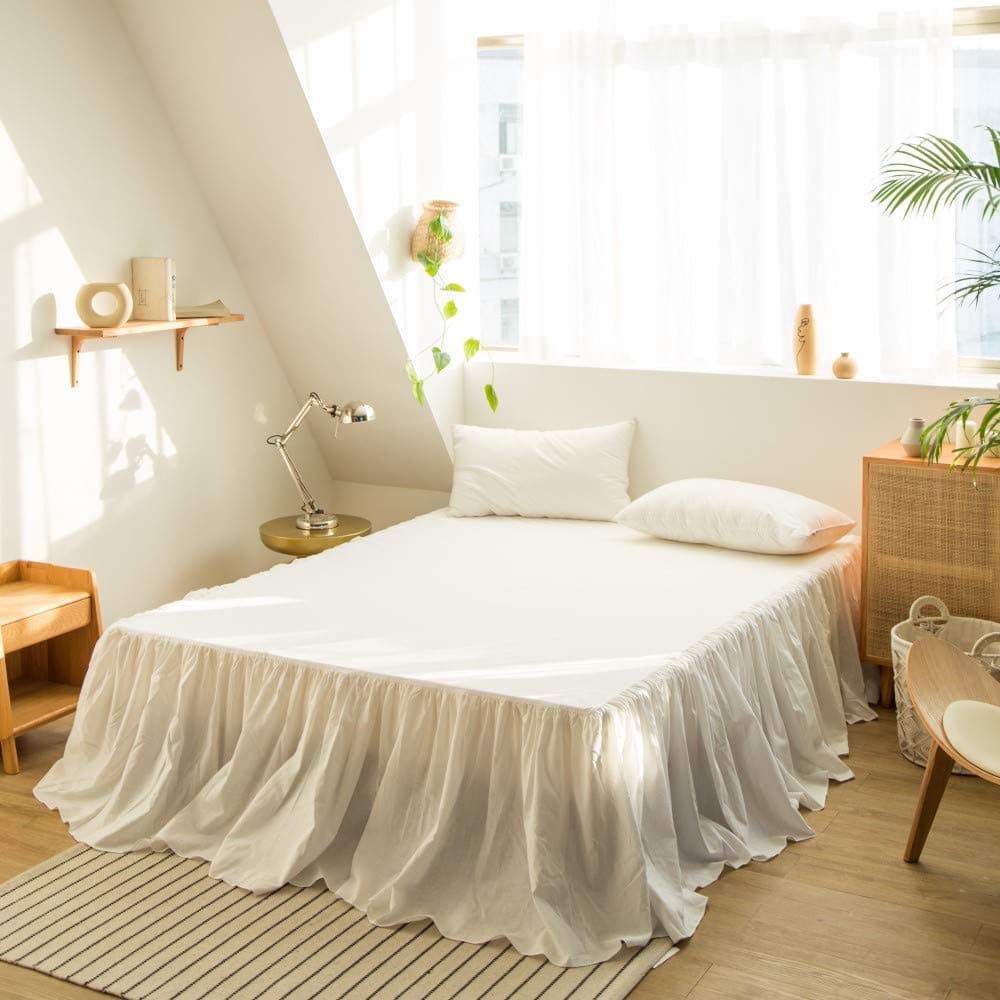 BISELINA French Linen Bed Skirt with Pleated Frills 18Inch Tailored Drop Natural Flax Cotton Blend Dust Ruffle Soft Cozy Farmhouse Bedding 18 Queen Ruffle White