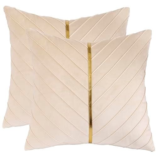 Tosleo Cream Velvet Throw Pillow Covers 22x22 Pack of 2 with Gold Leather Christmas Decorative Couch Pillow Cover Luxury Modern Soft Pillowcases Spring Summer Home Decor for Sofa Bed Living Room