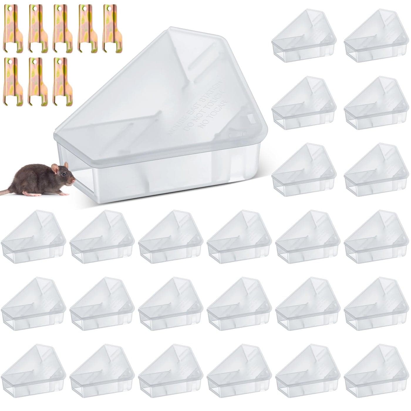 Qualirey 24 Pcs Mice Station with Key Triangle Bait Station Reusable Rodent Trap Bait Box Keeps Children and Pets Safe Indoor Outdoor Bait Not Included Suitable for Small Mice Translucent
