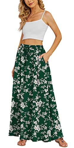 Yincro Women's Flowy Maxi Skirt Summer Pleated High Waisted Casual Long Skirts with Pockets (White Flower Green, S)