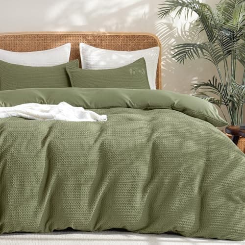 PHF Soft Waffle Duvet Cover King Size- Luxury Textured No Snagging Waffle Weave Duvet Cover(104"x90") with 2 Pillow Shams, 3 Pieces Breathable Bedding Set for All Season, Olive Green