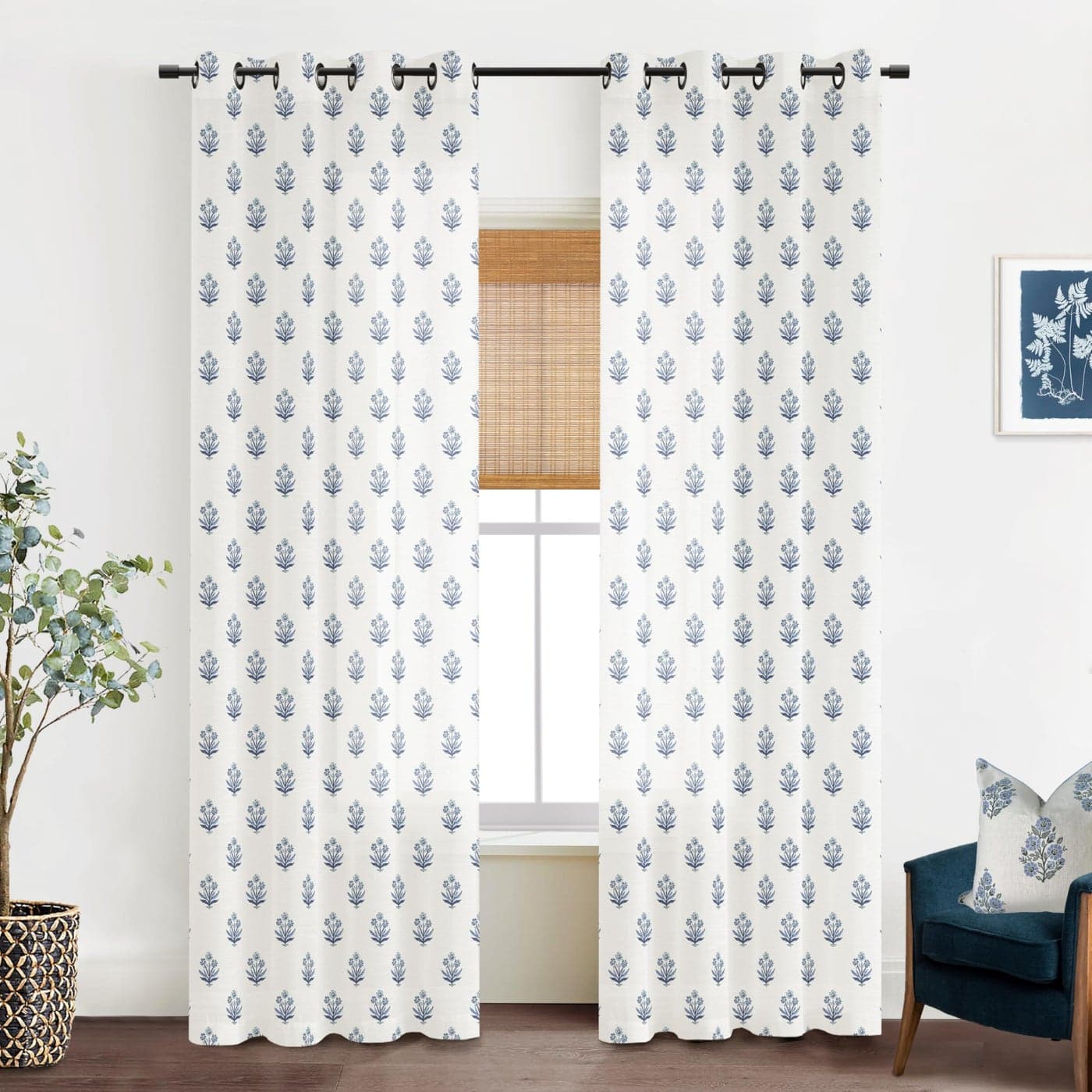Blue and White Floral CurtainsBoho Pattern Navy Block Print Mughal Design Sheer Linen Farmhouse Nautical Curtains for Living Room Bedroom 84 Inch Length