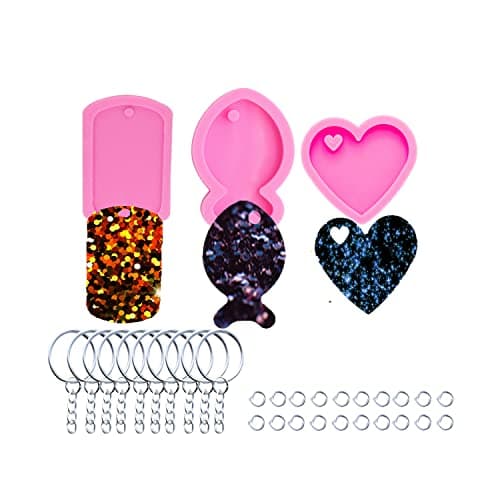 AMZTOART 3pc Glossy Resin Silicone Fish Molds Pet Cat Tag DIY Necklace, Heart Mould Crafts Epoxy Mold with 10PC Key Ring(DY0054+DY0088+DY0405)