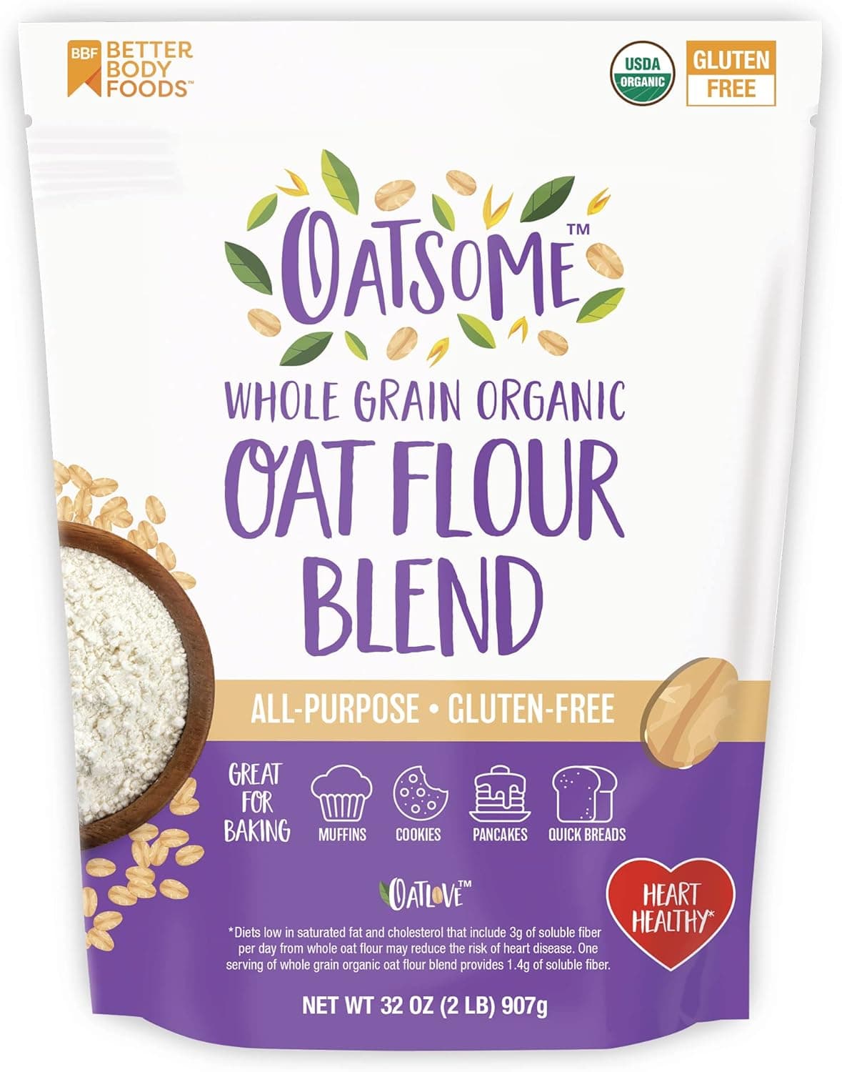 Oatsome Organic Whole Grain Oat Flour Blend - Gluten-Free All-Purpose Baking Flour, 2 lb (32 oz)