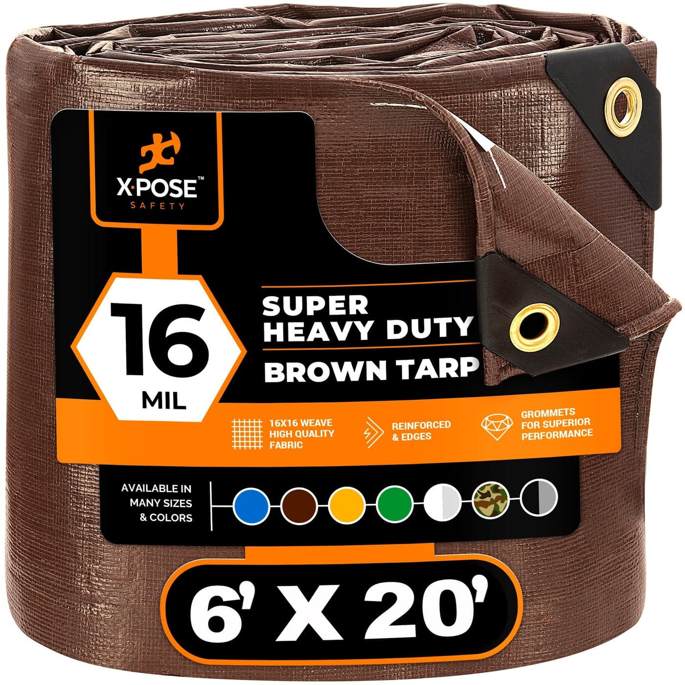 6 x 20 Super Heavy Duty 16 Mil Brown Poly Tarp Cover Thick Waterproof UV Resistant Rip and Tear Proof Tarpaulin with Grommets and Reinforced Edges by Xpose Safety