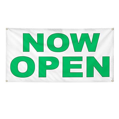 Vinyl Banner Multiple Sizes Now Open Green B Business Outdoor Weatherproof Industrial Yard Signs 4 Grommets 24x48Inches