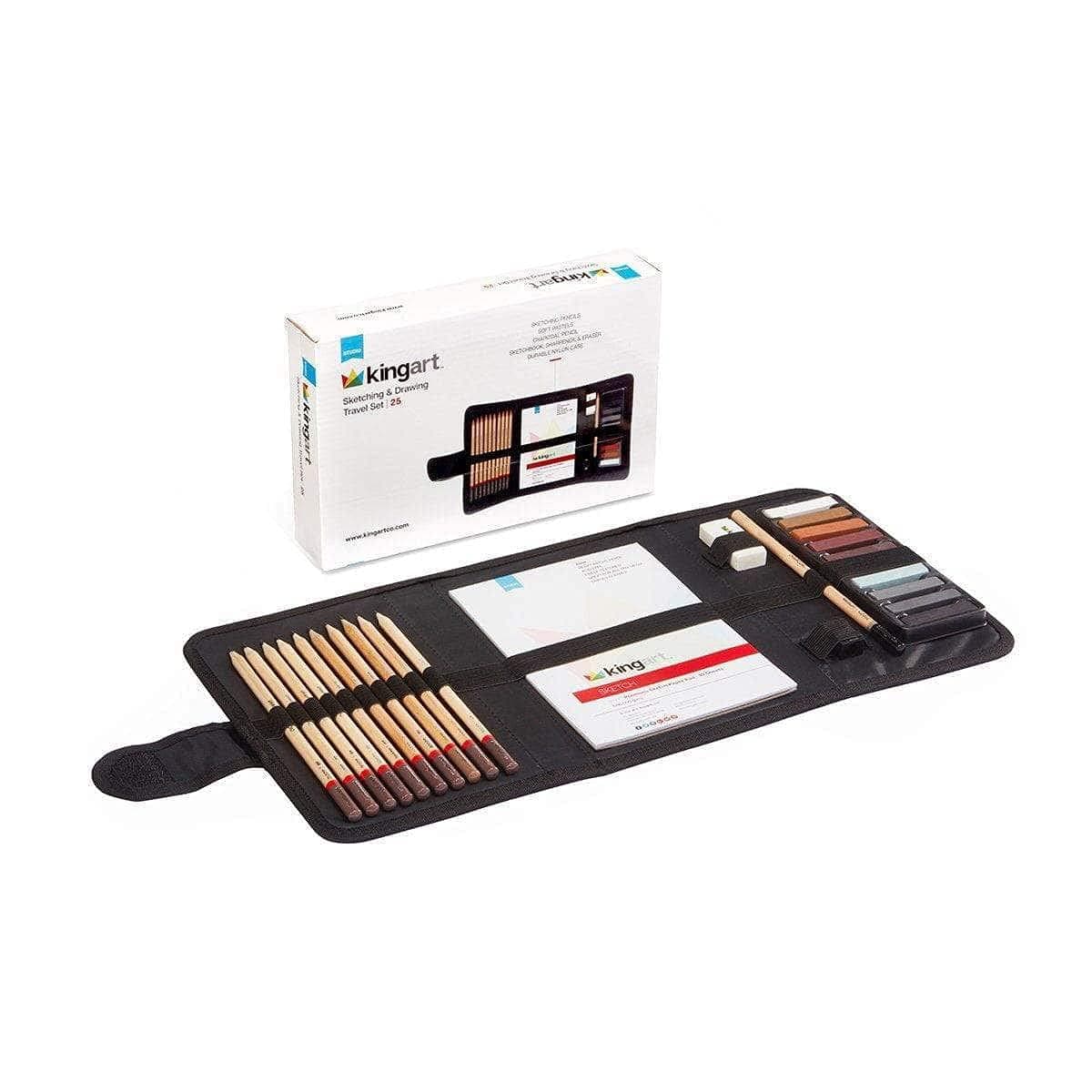 KINGART DRAWING SKETCHING 25 pc TRAVEL SET Graphite and Charcoal Pencils Pastels plus Supplies Art Drawing Kit for Adults Teens Beginner to Pro Ideal for Shading Blending 25 pc