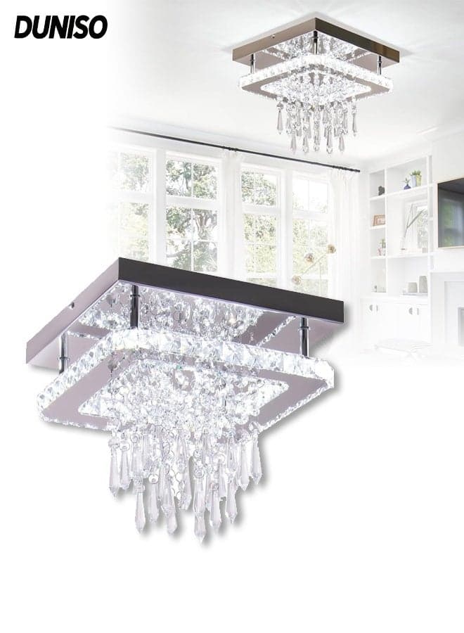 LED Ceiling Light,Modern Crystal Chandeliers,Square Crystal Ceiling Light,K9 Raindrop Crystal Ceiling Lamp,Tri-Color Dimming,Sturdy and Durable,for Bedroom Hallway Bar Kitchen Bathroom,Diameter 25CM