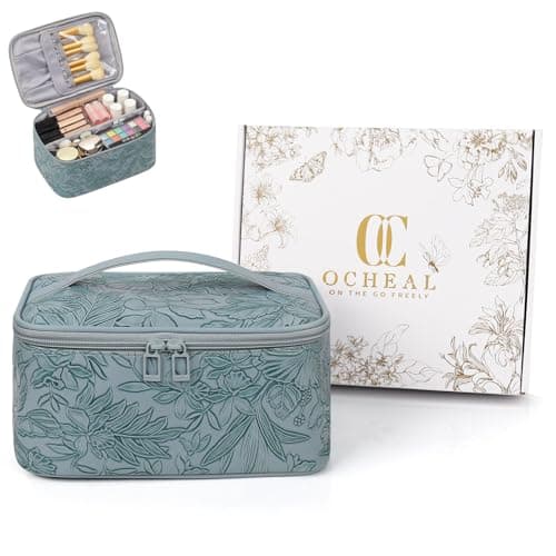 OCHEAL Makeup Bag,Travel Makeup Organizer Bag, Large Capacity Cosmetic Bags for Women Large Travel Toiletry Bag for Girls Traveling With Brush Slot And Divider-Blue Floral