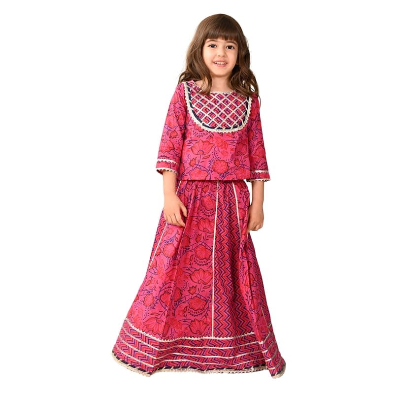 Superminis Girls Cotton Sliver Yoke 3/4 Sleeves Ethnic Printed Choli With Kali Style Lehenga Set (2-3 Years, Pink) | Finish Type: Readymade