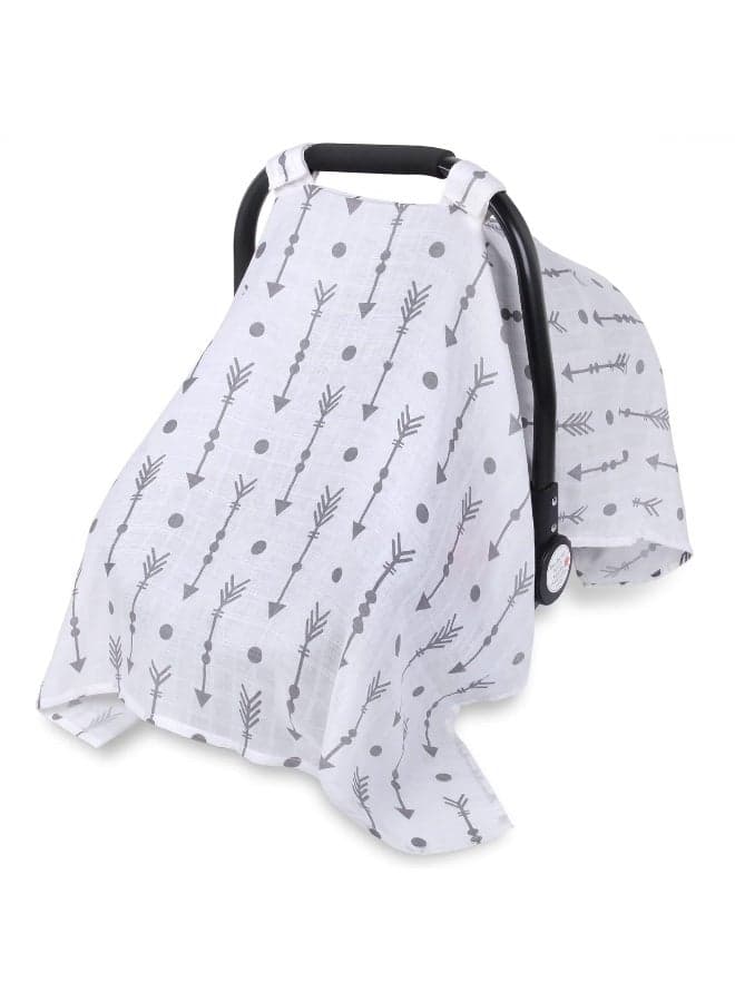 Rquite Car Seat Covers for Babies, 100% Muslin Carseat Cover Boys Girls, Lightweight Infant Car Seat Canopy, Soft Breathable Baby Carrier Cover, Summer Stroller Cover (Grey Arrow)