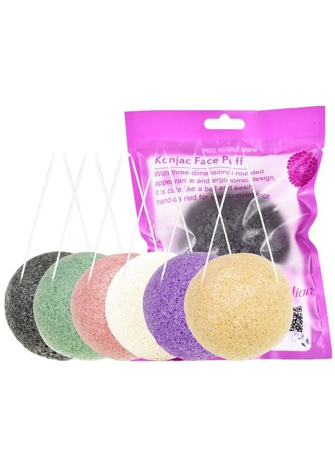 6 Pack Natural Konjac Facial Sponges, findTop 6 Colors Konjac Exfoliating Facial Sponge Set for Gentle Face Cleansing and Exfoliation- Charcoal, Turmeric, French Green, White Pink & Purple
